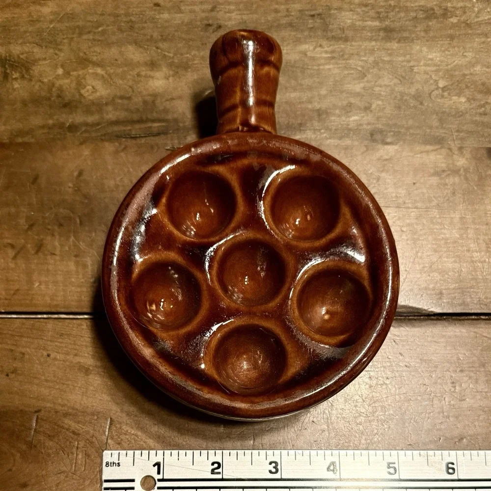 VTG 70s 1970s Brown Glazed Stoneware Escargot‎ Appetizer Oven Baking Handle Dish